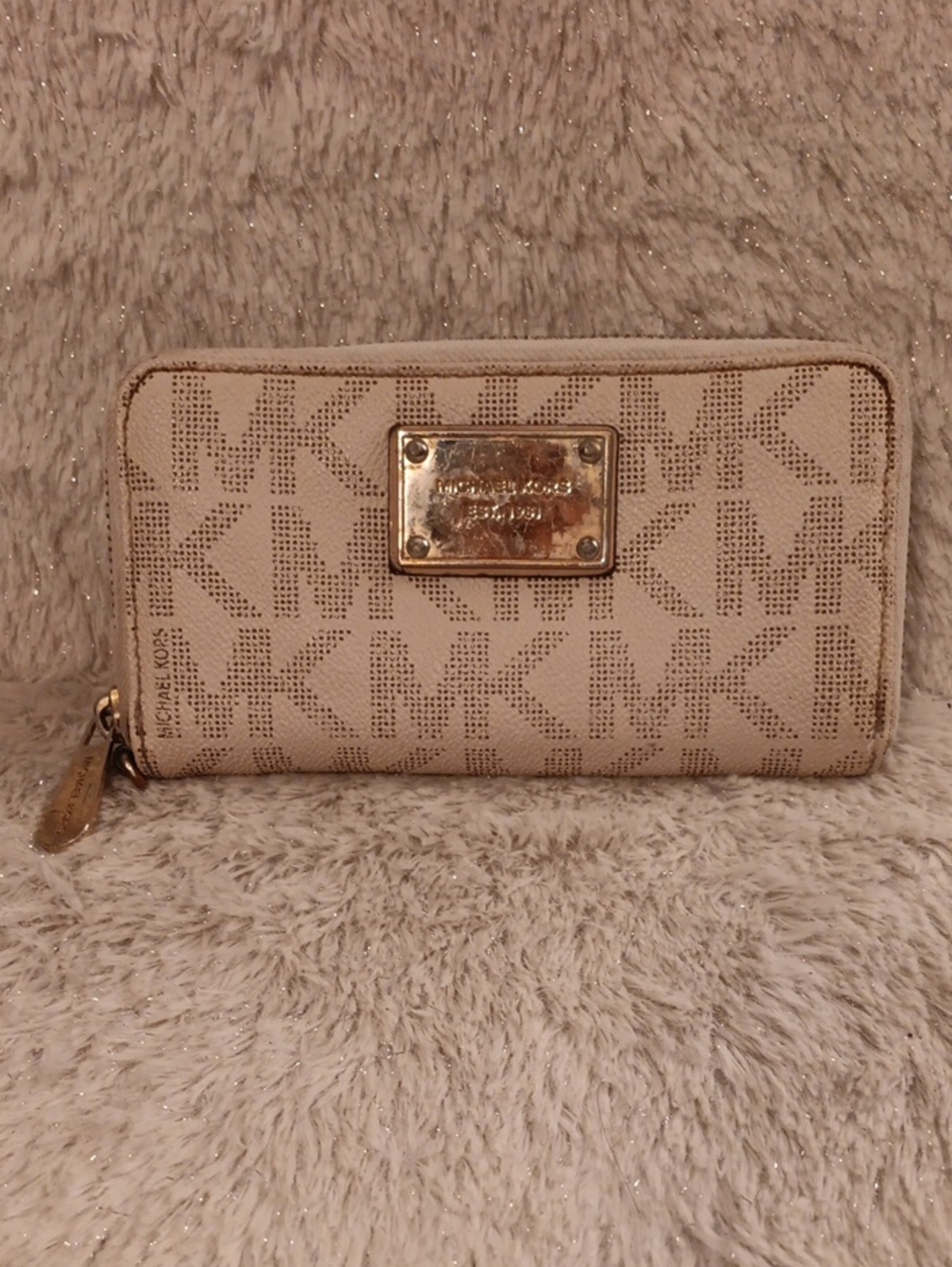 Michael Kors Beige Logo Zip Around Wallet with Gold Plate